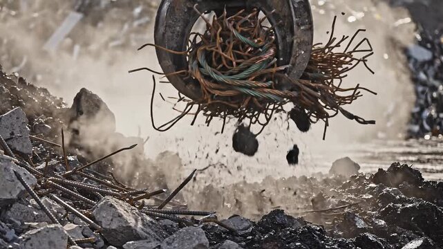 Heavy duty crane claw grabbing tangled rusty metal wires and debris at scrapyard