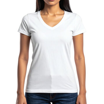 Close up of a young woman wearing a plain white v-neck short sleeve t-shirt tucked into dark blue denim jeans&nbsp;&nbsp;