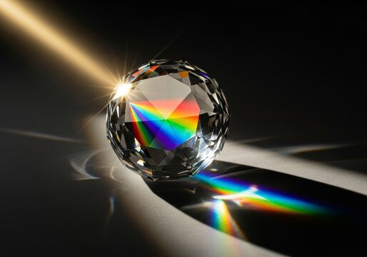 Sunlight streaming through a perfect multifaceted clear crystal causes internal light refraction, bending rays into bright prismatic colors, intricate, reflection, energetic