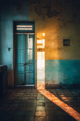 Obraz premium Sunlight catches the dust motes dancing in the air of an old Cuban room, creating a nostalgic atmosphere.