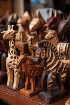 Traditional Kavango wood carvings depicting animals are presented, showcasing local artistry and wildlife.