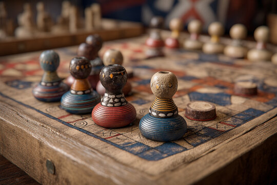 Traditional South African board games, like Morabaraba, representing cultural pastimes and social interaction.