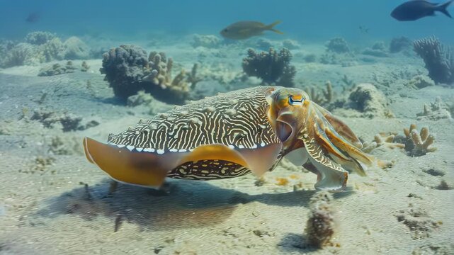 Colorful cuttlefish swimming gracefully through coral reef, showcasing intricate patterns and textures while navigating the sandy ocean floor in a vibrant underwater environment