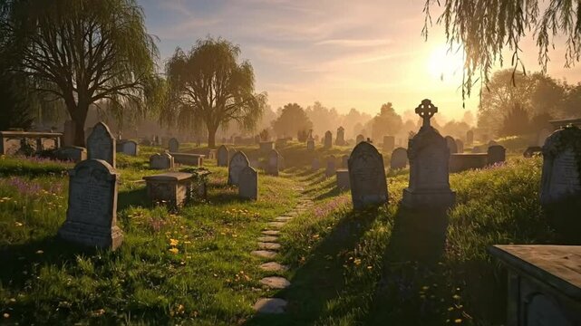 A serene cemetery path under a sunset, surrounded by lush greenery.