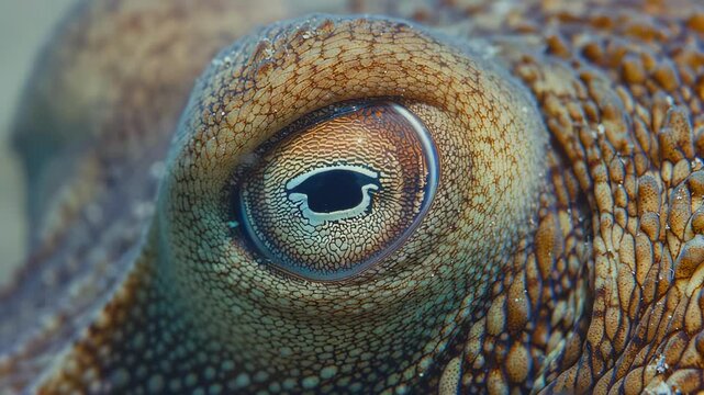 Close-up of octopus eye showcasing intricate textures and colors, highlighting the unique patterns and reflections in the water environment during underwater exploration, oceanology