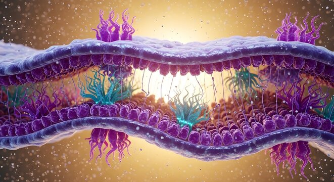This is a 3D scientific illustration of a cell membrane structure. It features a phospholipid bilayer with purple globular heads and trailing filaments, interspersed with vibrant teal.