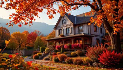 Fototapeta premium Autumn Home with Colorful Foliage