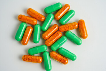 Mix of medical capsules pills Antibiotics, supplement, vitamin