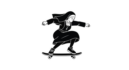 Fototapeta premium A nun riding a skateboard with outstretched arms in a dynamic pose against a clean white background with monochromatic tones.