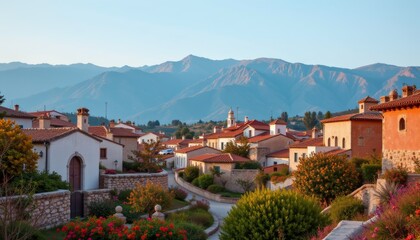 Obraz premium Picturesque Village with Mountain Backdrop