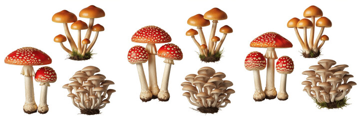 Diverse Collection of Wild Mushrooms Including Fly Agaric and Oyster Varieties Isolated on White Background