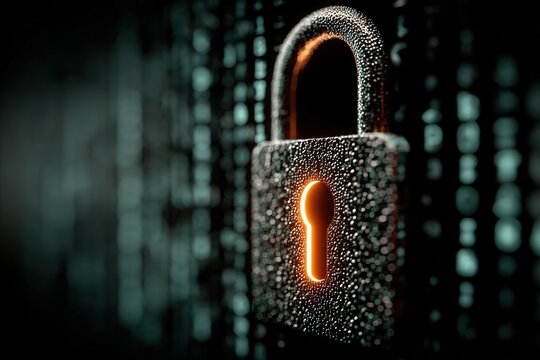 Futuristic cyber security illustration. Wireframe closed lock on blue blur background. Padlock technology, cybersecurity, and digital connection