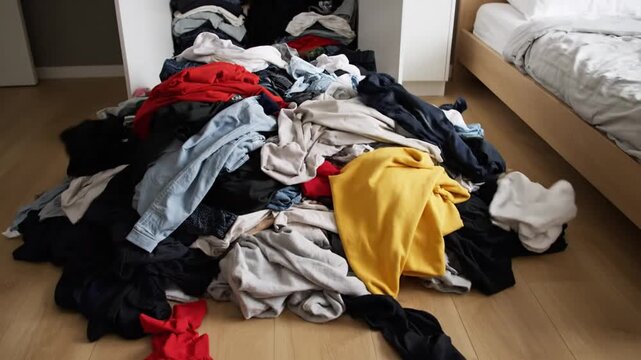 Messy wardrobe with large pile of mixed clothing on floor in natural bedroom lighting representing decluttering challenge Video 4K UHD 60fps