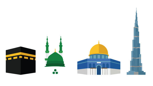 Islamic City Landmark and Skyline Building Icon Set, Mecca Madinah Jerusalem Dubai Collection Illustration