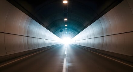 Obraz premium Empty highway tunnel with bright light at the end. Symmetrical perspective view from inside a modern underpass leading towards an exit flare.