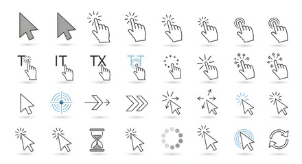 Fototapeta premium Web Clicks and Digital Cues: A collection of icons showcases diverse actions with mouse pointers and finger gestures, representing the essence of digital interaction.