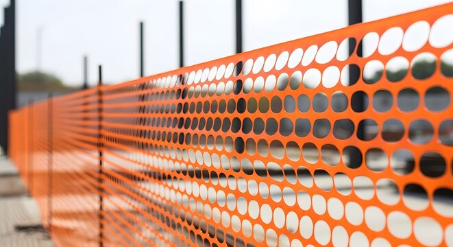 Close up of a bright orange plastic safety fence at a construction site creating a linear perspective with a shallow depth of field.