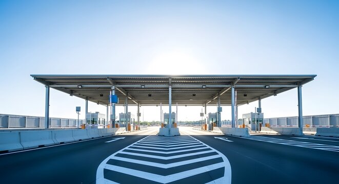 Empty highway toll booth plaza or border checkpoint with symmetrical lanes and a clear blue sky.