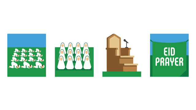 Outdoor Eid Prayer Congregation in Field Icon Set, Sholat Ied Sujud Mukena Mimbar Collection Illustration
