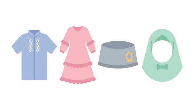 Kids Eid Fashion Clothing and Accessory Icon Set, Koko Shirt Gamis Dress Peci Hijab Collection