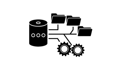 Obraz premium Vector illustration&nbsp;of database management system icon with connected folders and processing gears, data flow and organization concept in black silhouette on a transparent background
