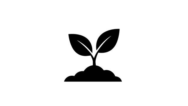 Vector illustration&nbsp;of black and white icon of a small plant sprout growing from a mound of soil, symbolizing growth, nature, and new beginnings on a transparent background