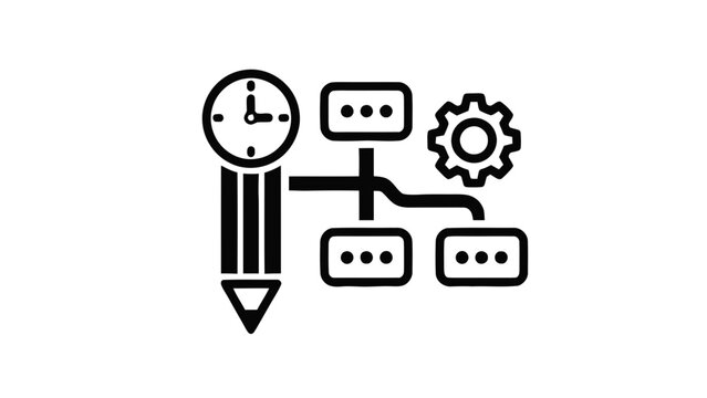 Vector illustration&nbsp;of project management icon pencil with clock, flowchart, and gear, representing planning, time management, and process optimization in business strategy on a transparent background