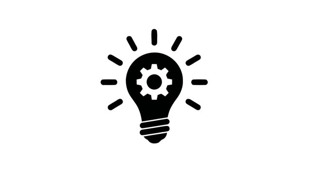 Vector illustration&nbsp;of black and white icon of a light bulb with a gear inside, symbolizing innovation, idea, solution, mechanism, and creativity, on a transparent background