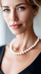 Elegant woman wearing pearl necklace in sophisticated attire