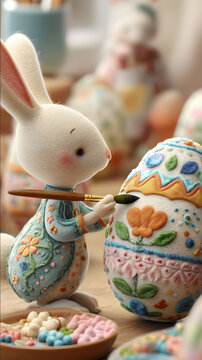 Easter bunny is painting Easter eggs in a beautiful floral patterns handcrafted 3D animation style with felt and wool textures characters sharp details vi