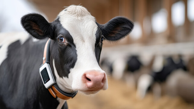 Dairy farm technology: smart cow with modern collar in a barn setting