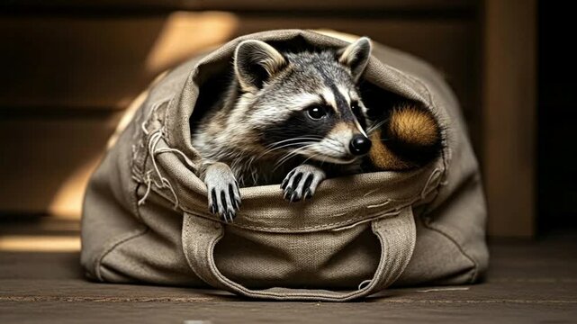 A curious raccoon peeking out from a cozy bag with a playful expression.