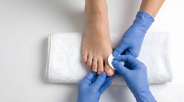 Top view of podiatrist hands in blue gloves treating foot skin disease and callus with cotton pad on white towel