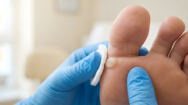 Healthcare professional treating painful blister and hard skin callus on patient foot using cotton pad in clinic
