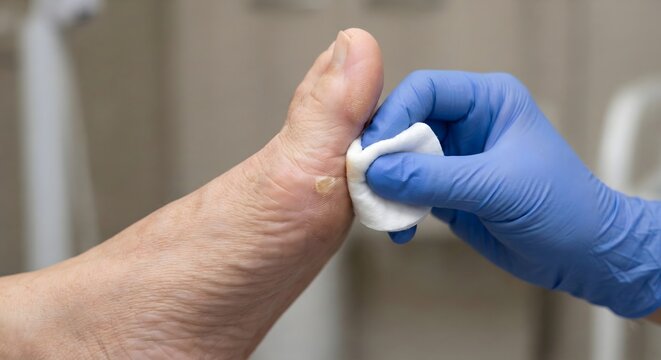 Dermatologist applying medication with cotton pad on foot corn and cracked skin of elderly patient