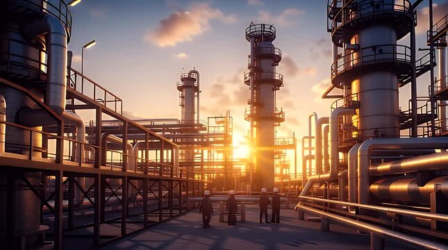 Massive industrial chemical processing plant complex features tall distillation columns and extensive piping infrastructure silhouetted against a vivid orange sunset sky