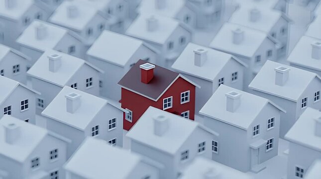 Miniature three dimensional rendering of one distinct red house standing out distinctly among numerous identical white miniature houses symbolizing real estate uniqueness