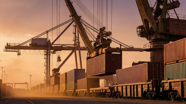 Cargo cranes loading containers onto freight train at port terminal