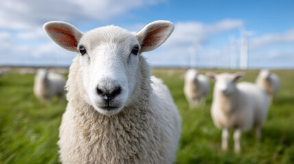 Obraz premium Close-up of sheep in green pasture with wind turbines in background on a sunny day