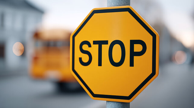 Yellow octagonal stop sign on street with blurred school bus in background for traffic safety awareness
