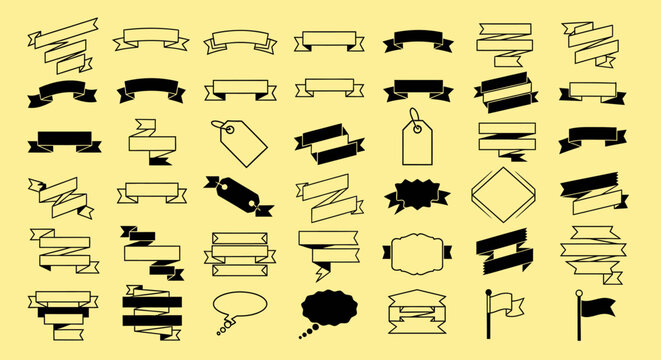 Collection of various black silhouette ribbons and banners in different shapes and styles.