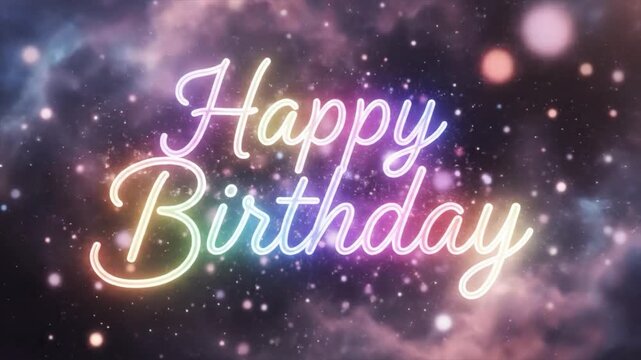 Rainbow Neon Happy Birthday Message Glowing in Cosmic Cloud Nebula Animation Loop