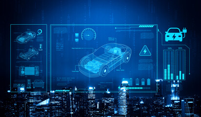 Obraz premium Technical layout of electric vehicle showing battery system, power control, traction motor, charging interface, and integration with renewable and smart energy sources Vouch