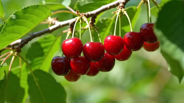 Ripe red cherries hanging on a tree branch in a sunny summer orchard. Fresh organic fruit harvest ready for picking on a warm day. Seasonal food for a healthy lifestyle banner