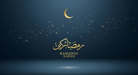 Naklejka premium Ramadan Kareem Greeting. Golden Arabic Calligraphy and Crescent Moon on Dark Blue Luxury Background with Bokeh Lights.