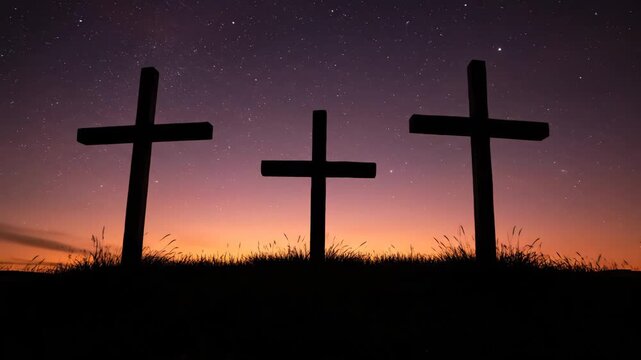 Three crosses silhouetted on a hill during a time lapse from a vibrant sunset to a starry night sky. Christian concept of the crucifixion of jesus for easter and good friday