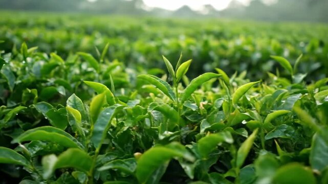 Fresh green tea leaves with morning dew drops on a lush plantation. Agricultural panoramic background for organic beverage production and healthy lifestyle concepts