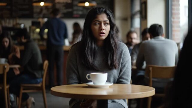 Sad young indian woman sitting alone in a busy coffee shop feeling lonely and isolated. Pensive female experiencing anxiety or depression while waiting for a date or friend