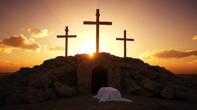 The empty tomb of jesus christ with the burial shroud left behind at sunrise. Three crosses on calvary hill silhouetted against a golden sky. Christian easter resurrection concept