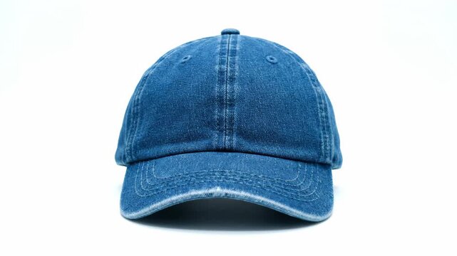 Blue denim baseball cap isolated on a white background. Fashionable headwear accessory for casual style or sports apparel. Blank product mockup template for branding or logo placement
